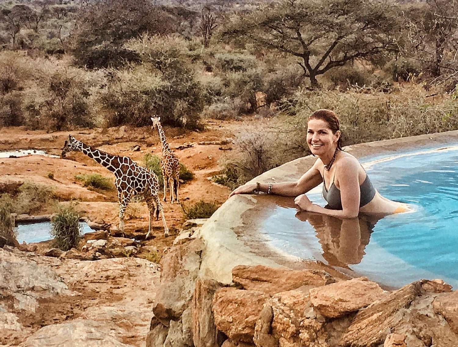 A woman in the water next to two giraffes.