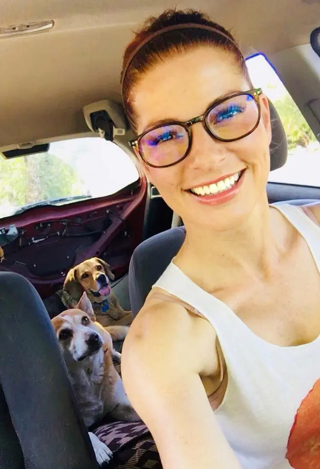 A woman in the back of her car with two dogs.