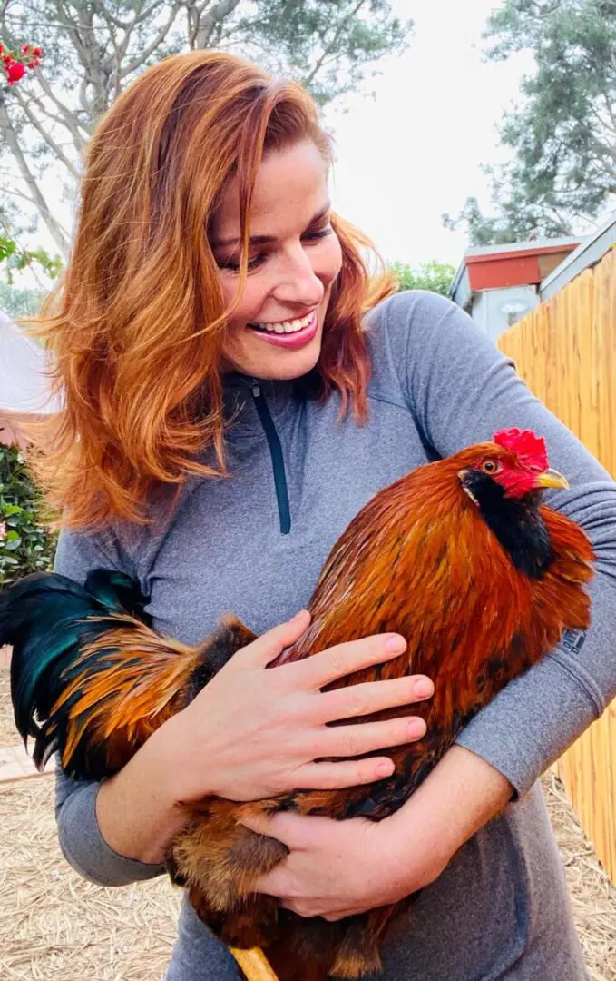 A woman holding a rooster in her arms.